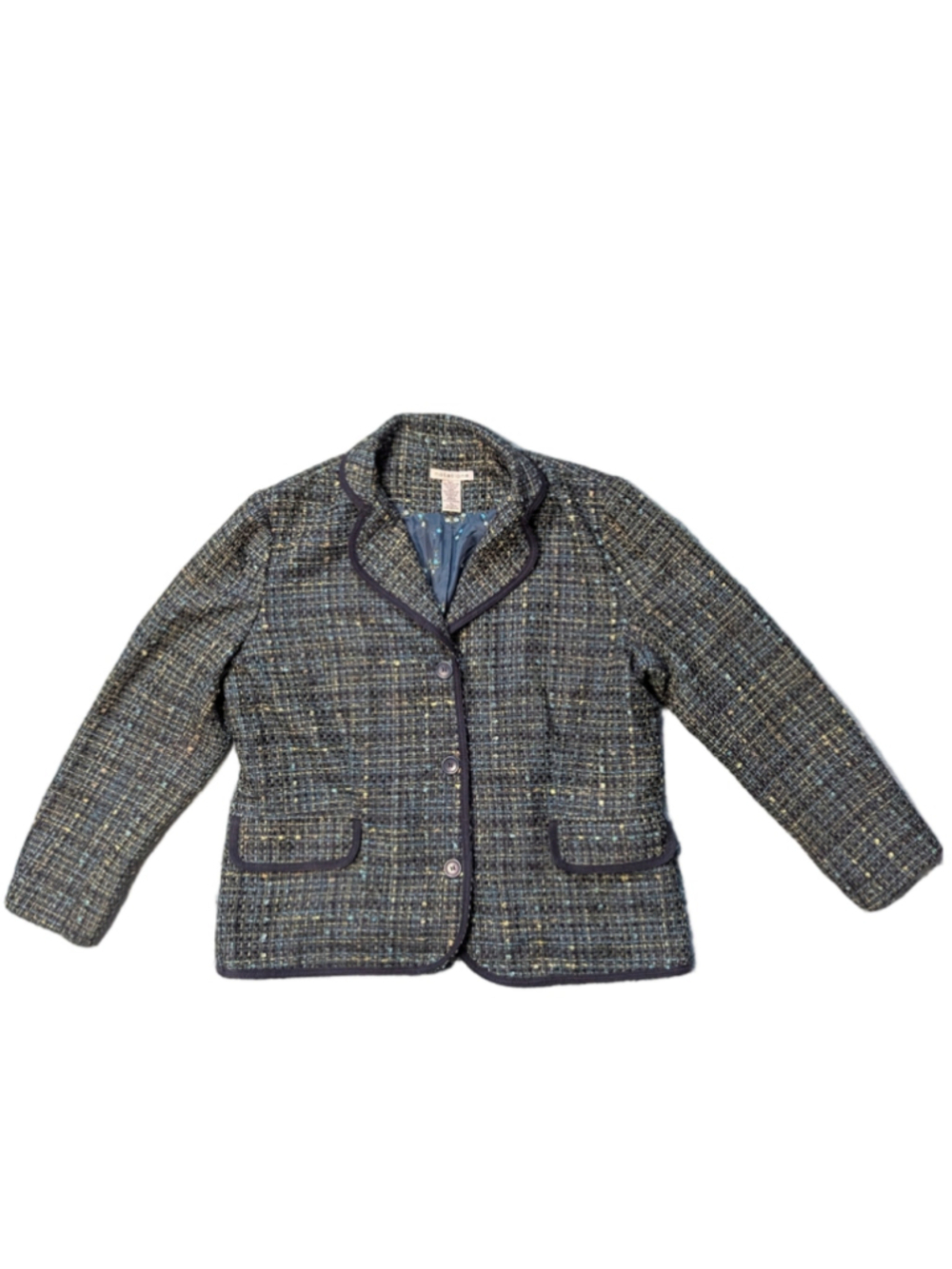Vintage Notations Tweed Blazer Jacket Blue Green Floral Lining Women's Size XL
